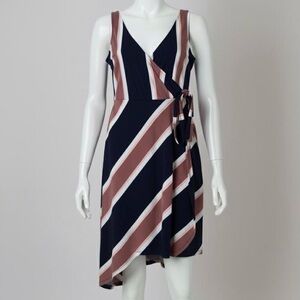 Express Striped Faux Wrap Asymmetrical Dress Navy Pink White Size Small Petite